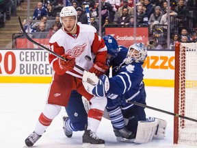 Detroit's Luke Glendening, left, screens Toronto goalie Jonathan Bernier. (THE CANADIAN PRESS/Chris Young)