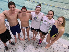 WEST swimmers Aaron Norg, from left, Andrew Binder, Cody Lavoie Amber Lefler, Rachel Rode and Sadie Fazekas were part of the team which won the Division I provincial title in Nepean. (TYLER BROWNBRIDGE/The Windsor Star)