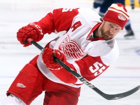 Detroit's Niklas Kronwall wears a Winter Classic toque during warmup before the game against the Toronto Maple Leafs at the Air Canada Centre Saturday.  (Photo by Abelimages/Getty Images)