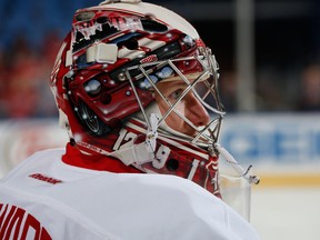 Wings goalie Jimmy Howard warms up before facing the Buffalo Sabres at First Niagara Center. (Photo by Jen Fuller/Getty Images)