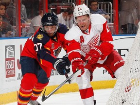 Detroit's Daniel Alfredsson, right, is checked by Florida's Tom Gilbert at the BB&T Center earlier this month in Sunrise, Fla. (Photo by Joel Auerbach/Getty Images)