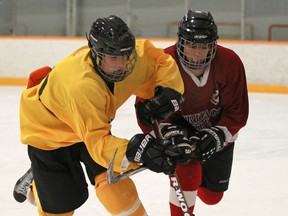 Tecumseh's Michael Schneider, left, battles for the puck with Amherstburg's Logan Rivait in the 18th Annual Hockey for Hospice Tournament at Tecumseh Arena Sunday. (DAX MELMER/The Windsor Star)