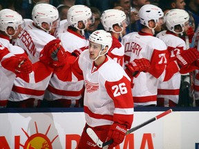 Detroit's Tomas Jurco celebrates his goal against the Toronto Maple Leafs at the Air Canada Centre. (Photo by Abelimages/Getty Images)