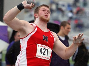 Brett Boersma competes in the shot put during the SWOSSAA Track and Field competition at Alumni Field in Windsor. (TYLER BROWNBRIDGE/The Windsor Star)