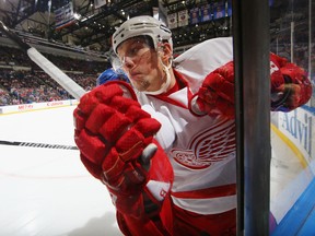 Detroit's Justin Abdelkader is checked into the glass against the New York Islanders at Nassau Veterans Memorial Coliseum. (Photo by Al Bello/Getty Images)