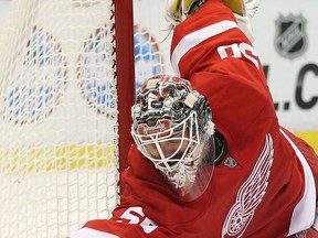 Detroit goalie Jonas Gustavsson makes a save against the Boston Bruins at Joe Louis Arena. Gustavsson has been thrust into the starter's role with an injury to Tim Howard. (Getty Images files)