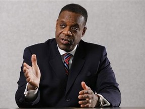 Detroit Emergency Manager Kevyn Orr speaks during an interview with the Associated Press in Detroit Thursday, Dec. 12, 2013. Orr told The Associated Press that the pensions of Detroit city retirees won’t be immune to cuts despite a private effort to raise $500 million to help the city eventually emerge from bankruptcy. (Paul Sancya/The Associated Press)