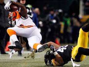 Pittsburgh's Troy Polamalu, right, tackles Cincinnati's Mohamed Sanu December 15, 2013 in Pittsburgh. (Justin K. Aller/Getty Images)