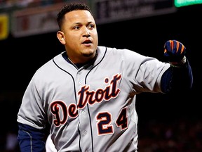 Detroit's Miguel Cabrera celebrates a home run in against the Red Sox during the ALCS at Fenway Park on October 13, 2013 in Boston.  (Jared Wickerham/Getty Images)