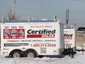 Work trailers owned by Certified Solar at 2750 Deziel Dr. in Windsor, ON. are shown Mon. Dec. 16, 2013. The company has allegedly defrauded numerous customers for more than $1 million dollars. (DAN JANISSE/The Windsor Star)