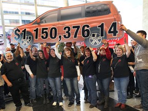 Chrysler Canada employees hold up a minivan cut-out on Dec. 13, 2013 displaying the amount raised for the United Way of Windsor-Essex County. (DAN JANISSE/The Windsor Star)