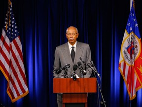 Detroit Mayor Dave Bing speaks at a news conference in Detroit Tuesday, Dec. 3, 2013. (AP Photo/Paul Sancya)