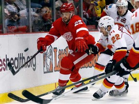 Detroit's Brian Lashoff, left, battles Calgary's Lee Stempniak Thursday, Dec. 19, 2013, in Detroit. (AP Photo/Duane Burleson)