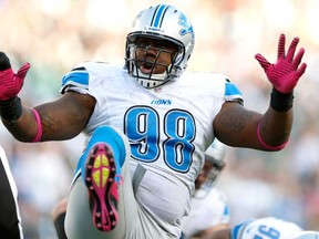 Detroit defensive tackle Nick Fairley celebrates a sack against the Eagles last season in Philadelphia. The Eagles host the Lions Sunday (1 p.m., Fox). (AP Photo/Julio Cortez)