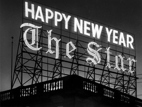 The Windsor Star wishes readers a Happy New Year in this photo illustration from 1961, which portrays a sign which graced the former newspaper building on Ferry Street. The facade of the building is being saved as the rest of the site is rebuilt for the University of Windsor social work department. (FILES/The Windsor Star)