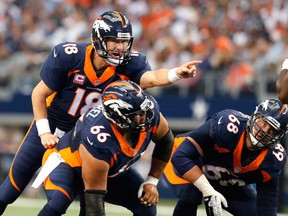 Broncos quarterback Peyton Manning, left, calls a play against the Dallas Cowboys in Arlington, Texas. (AP Photo/Sharon Ellman)