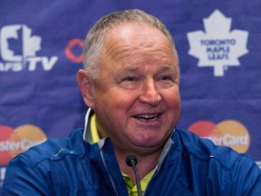 Maple Leafs head coach Randy Carlyle speaks to the media in Toronto on Wednesday, Sept. 11, 2013.  (THE CANADIAN PRESS/Nathan Denette)