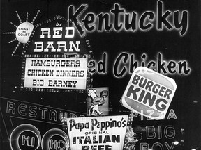 A collection of restaurant signs along "The Strip" in Windsor is pictured on Dec. 4, 1974. (WALTER JACKSON/The Windsor Star)