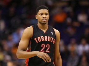 Toronto's Rudy Gay walks down court against the Phoenix Suns at US Airways Center on December 6, 2013 in Phoenix, Arizona.  The Suns defeated the Raptors 106-97.  (Christian Petersen/Getty Images)