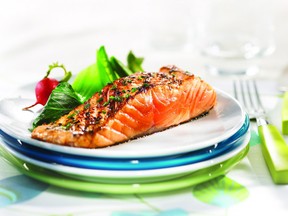 Cutting out red meat and eating more fish, like the maple salmon filet with chives, above, will increase your intake of omega-3 fatty acids, which discourages fat buildup in the liver.