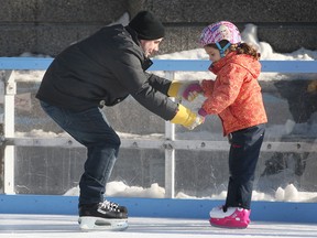 Tabitha Main, 5, and her dad Sean Main enjoyed a sunny morning skate Monday, Jan. 7, 2013, at the Charles Clark Square in downtown Windsor, Ont. It was Tabitha's second time on skates. (DAN JANISSE/The Windsor Star)