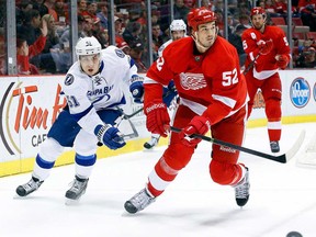 Tampa Bay's Valtteri Filppula and his former Detroit teammate Jonathan Ericsson battle for the puck.