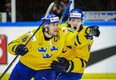 Sweden's Filip Forsberg, left, and Jacob de la Rose celebrate after scoring during the World Junior Hockey Championships semifinal between Sweden and Russia at Malmo Arena in Malmo, Sweden on Jan. 4, 2014. AFP PHOTO / TT NEWS AGENCY /  LUDVIG THUNMAN