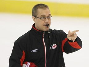Former Spitfire Paul Maurice runs a practice with the Carolina Hurricanes at the Mellon Arena in Pittsburgh in 2009. (Photo by Bruce Bennett/Getty Images)