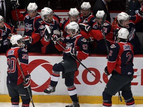 Spits centre Brady Vail celebrates a goal against the Ottawa 67's at the WFCU Centre.  (TYLER BROWNBRIDGE/The Windsor Star)