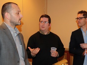 Film producers Gerry Lattmann, left, Theodore Bezaire and Jeff Nadalin during a press conference announcing details of their local film 'The Birder' at Capitol Theatre Tuesday, January 28, 2014. (NICK BRANCACCIO/The Windsor Star)