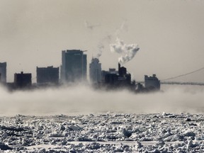 Downtown Windsor, Ont. appears to be in a deep freeze from this perspective from the city's east end looking over a frozen portion of the Detroit River on Monday, Jan. 6, 2014. (DAN JANISSE/The Windsor Star)