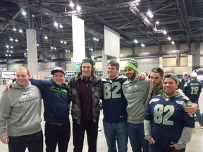 Nick Corrado, from left, Mario Duri, Luke Willson, Randy Kitchens, Samir Mouawad, Marc Marras, and Dominic Adams pose for a photo after the NFC Championship game in Seattle. (Photo courtesy of Duri family)