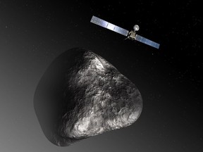 This artist impression released by the European Space Agency on December 3, 2012 of the Rosetta orbiter at comet 67P/ChuryumovGerasimenko. The image is not to scale; the Rosetta spacecraft measures 32 m across including the solar arrays, while the comet nucleus is thought to be about 4 km wide. An alarm clock in deep space was expected on January 20, 2014 to wake up the comet probe Rosetta ahead of a key phase in its 10-year mission, European scientists said. Rosetta's onboard computer was programmed to give the wakeup call at 1000 GMT, but it would take at least seven hours for mission control to get confirmation it has worked, they said. (AFP PHOTO / ESA MEDIALAB - C. CARREAU)