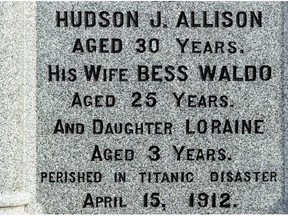 The Allison family memorial in Maple Ridge Cemetery in Chesterville. Hudson J. Allison age 30; wife Bess Waldo age 25; daughter Loraine age three perished in the Titanic disaster on April 15, 1912. (Pat McGrath, Ottawa Citizen)