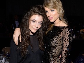 At 17-years-old, singer Lorde is the youngest Grammy nominee while Pete Seeger, 94, is the oldest. Here, recording artists Lorde, left, and Taylor Swift attend the 56th annual GRAMMY Awards  Pre-GRAMMY Gala and Salute to Industry Icons honoring Lucian Grainge at The Beverly Hilton on January 25, 2014 in Beverly Hills, Calif. (Photo by Larry Busacca/Getty Images for NARAS)