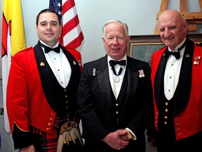 Captain Brad Krewench of the Essex-Kent Scottish, left, Lt. (N) retired Gary Wintermute and Captain retired Archie Neilson Essex-Kent Scottish attended the Military Institute of Windsor’s annual Charter Night Mess Dinner at Windsor’s HMCS Hunter Saturday, Jan. 18, 2014. (JOEL BOYCE/The Windsor Star)