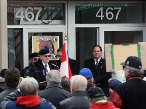 Second World War veteran Larry Costello speaks at a rally against the closure of Windsor's Veteran Affairs office on Jan. 31, 2014. (Nick Brancaccio / The Windsor Star)