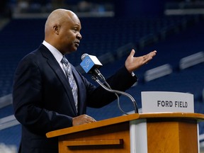 Jim Caldwell addresses the media after being introduced as the Detroit Lions head coach at Ford Field Jan. 15. (Photo by Duane Burleson/Getty Images)