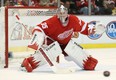 Jimmy Howard of the Red Wings gets ready to make a save against the Los Angeles Kings at Joe Louis Arena. (Photo by Leon Halip/Getty Images)