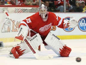 Jimmy Howard of the Red Wings gets ready to make a save against the Los Angeles Kings at Joe Louis Arena. (Photo by Leon Halip/Getty Images)