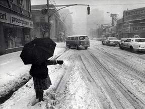 Another photo from that infamous day in 1978. A person attempts to cross Ouellette Avenue near University Avenue following a snowstorm on Jan. 26, 1978. Four local people died in the storm and thousands were left without power. (FILES/The Windsor Star)