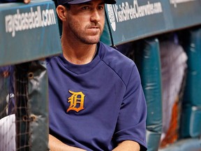 Tigers pitcher Justin Verlander watches his team from the dugout against the Tampa Bay Rays at Tropicana Field. (Photo by J. Meric/Getty Images)