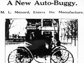 Feb. 8, 1908 - A novelty in the vehicle line has been constructed by M. L. Menard, owner of the Windsor Wagon & Carriage Works, at the corner of London and Caron, in Windsor. Mr. Menard will manufacture the auto-buggy and also light motor delivery wagons for dry goods houses, laundries, etc. (FILES/The Evening Record)