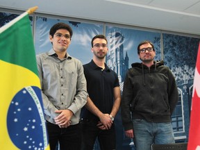 From left: Tiago Garcia, Luiz Henrique Aquino de Marchi, and Angelo Andreoli — three of many visiting Brazilian students at the University of Windsor. Photographed Jan. 22, 2014. (Jason Kryk / The Windsor Star)