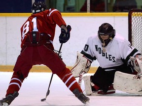 Brennan's Nathan Zakoor, left, moves in on Belle River goalie Connor Meyerink, Monday, Jan. 20, 2014, at Lakeshore Arena. (DAN JANISSE/The Windsor Star)