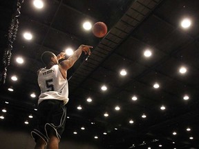 Express guard Stefan Bonneau fires a shot during a practice at Caesars Windsor Tuesday, January 14, 2013. The Express will take on the London Lightning in the Clash at the Colosseum on Wednesday. (TYLER BROWNBRIDGE/The Windsor Star)