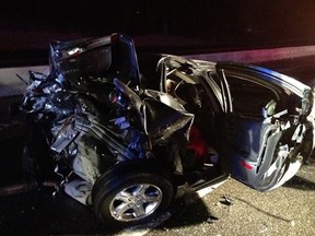 The remains of the car occupied by Windsor residents Svetlana Frkovic, her husband Slavko, and their daughter Sanja. A Jan. 6 crash on I-75 in Kentucky has resulted in the death of Svetlana and serious injuries for her family members. (Laurel County Sheriff's Department)