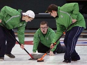 Riverside's Jake Jubinville, from left, Brian Westfall and Jonathan Carson compete Wednesday during high school curling action at Roseland Golf and Curling Club on Wednesday, January 15, 2013. (TYLER BROWNBRIDGE/The Windsor Star)