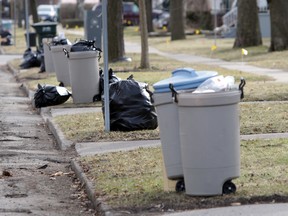 Hard-sided garbage cans become mandatory July 1 in Windsor. Plastic bags are an invitation to wildlife to dine curbside. (JASON KRYK/ The Windsor Star)