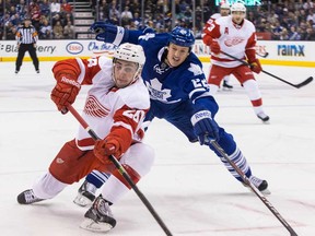 Detroit's Tomas Jurco, left, battles for the puck with Toronto's Jerred Smithson in Toronto December 21, 2013. (THE CANADIAN PRESS/Chris Young)